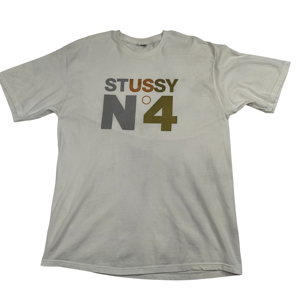 Stussy No 4 Graphic T-Shirt Mens XL White Short Sleeve Crew Neck Streetwear 708